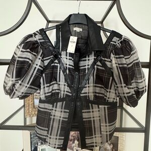 Plaid Puff Sleeve Top with Faux Leather Details Anthropologie